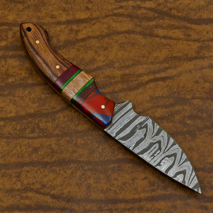 Custom Handmade Damascus Skinner Hunting Knife with Resin and Wood Handle – Fixed Blade EDC Knife