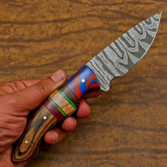 Custom Handmade Damascus Skinner Hunting Knife with Resin and Wood Handle – Fixed Blade EDC Knife