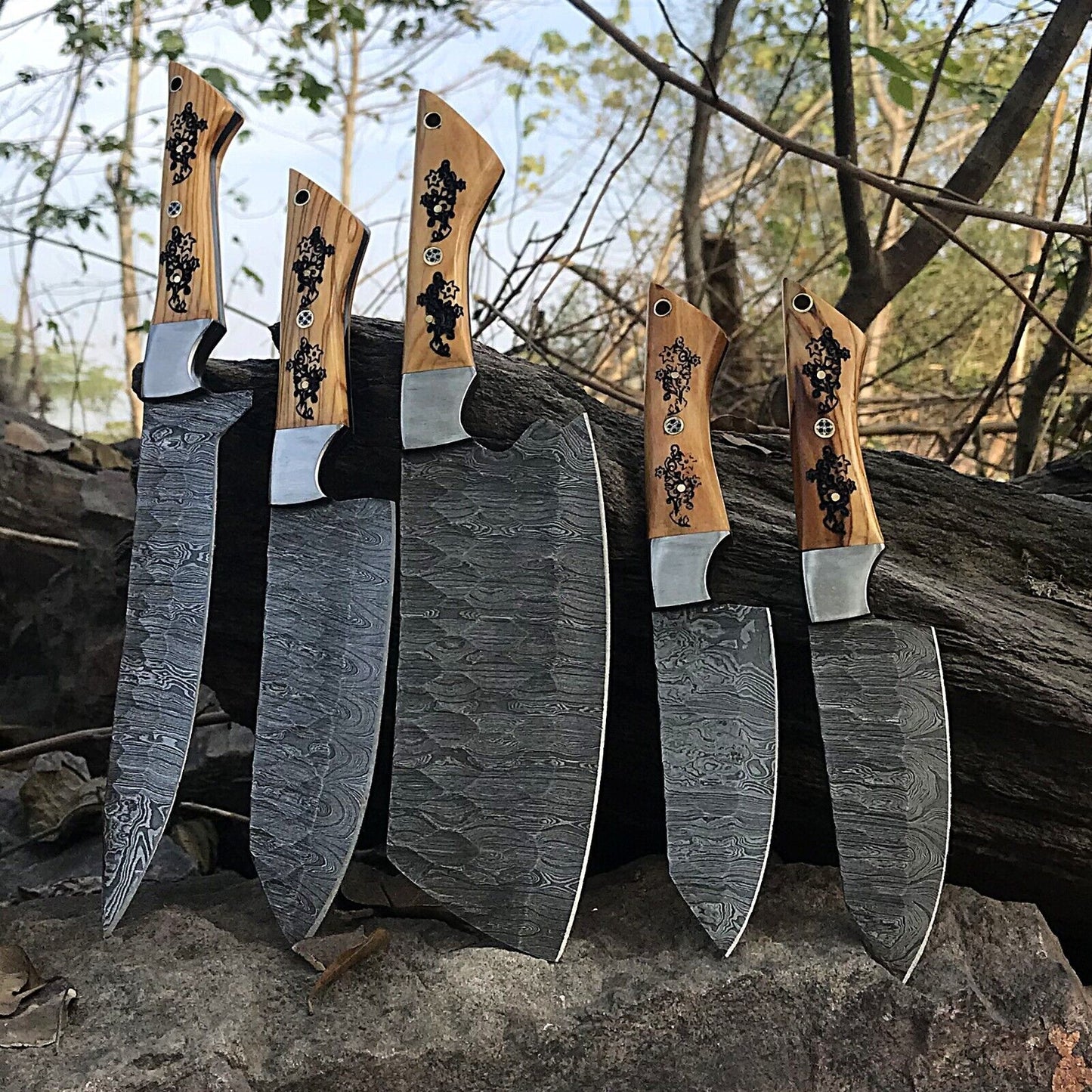 5pcs Custom Handmade Chef Knife Set – Damascus Forged Steel Kitchen Knives – Full Tang – Professional Cooking Knife Set with Wooden Handles