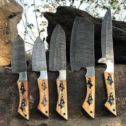 5pcs Custom Handmade Chef Knife Set – Damascus Forged Steel Kitchen Knives – Full Tang – Professional Cooking Knife Set with Wooden Handles