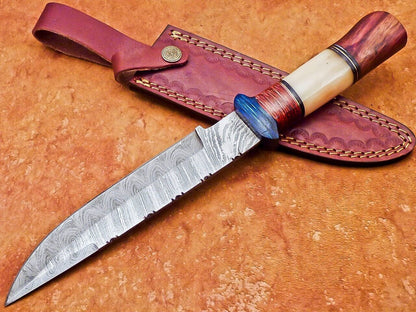 Damascus Steel Bowie Knife with Camel Bone & Hardwood Handle