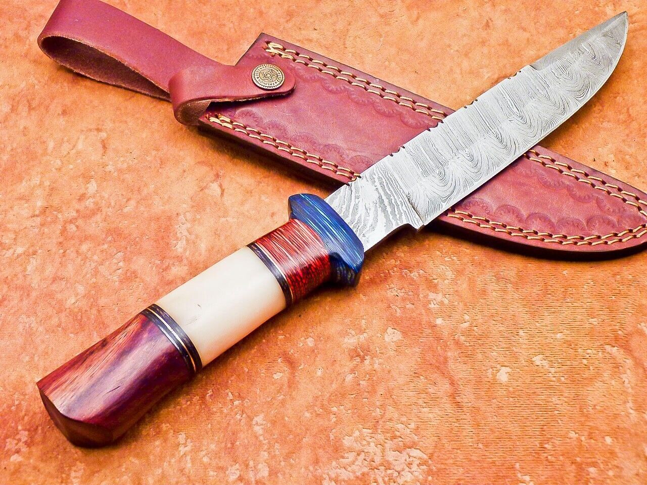Damascus Steel Bowie Knife with Camel Bone & Hardwood Handle