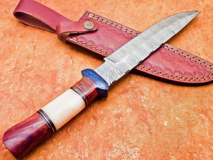 Damascus Steel Bowie Knife with Camel Bone & Hardwood Handle