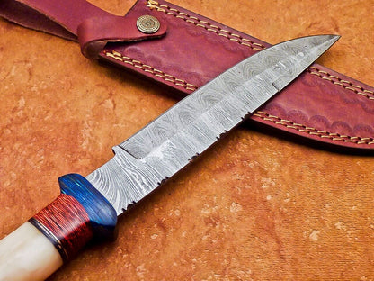 Damascus Steel Bowie Knife with Camel Bone & Hardwood Handle