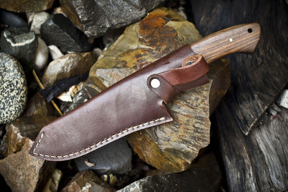 Custom Twist Damascus Skinner Knife – Walnut Wood Handle with Micarta Guard, Handmade Gift Blade