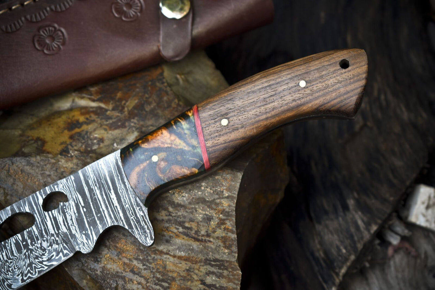 Custom Twist Damascus Skinner Knife – Walnut Wood Handle with Micarta Guard, Handmade Gift Blade