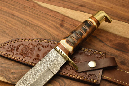 12 Inch Damascus Steel Bowie Knife Camel Bone Handle Brass Guard Sheath