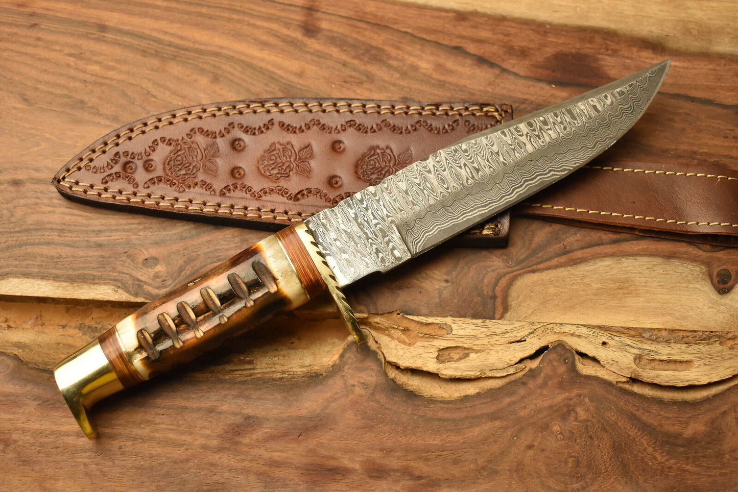12 Inch Damascus Steel Bowie Knife Camel Bone Handle Brass Guard Sheath