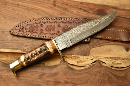 12 Inch Damascus Steel Bowie Knife Camel Bone Handle Brass Guard Sheath