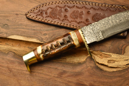 12 Inch Damascus Steel Bowie Knife Camel Bone Handle Brass Guard Sheath