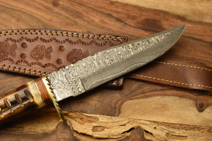 12 Inch Damascus Steel Bowie Knife Camel Bone Handle Brass Guard Sheath