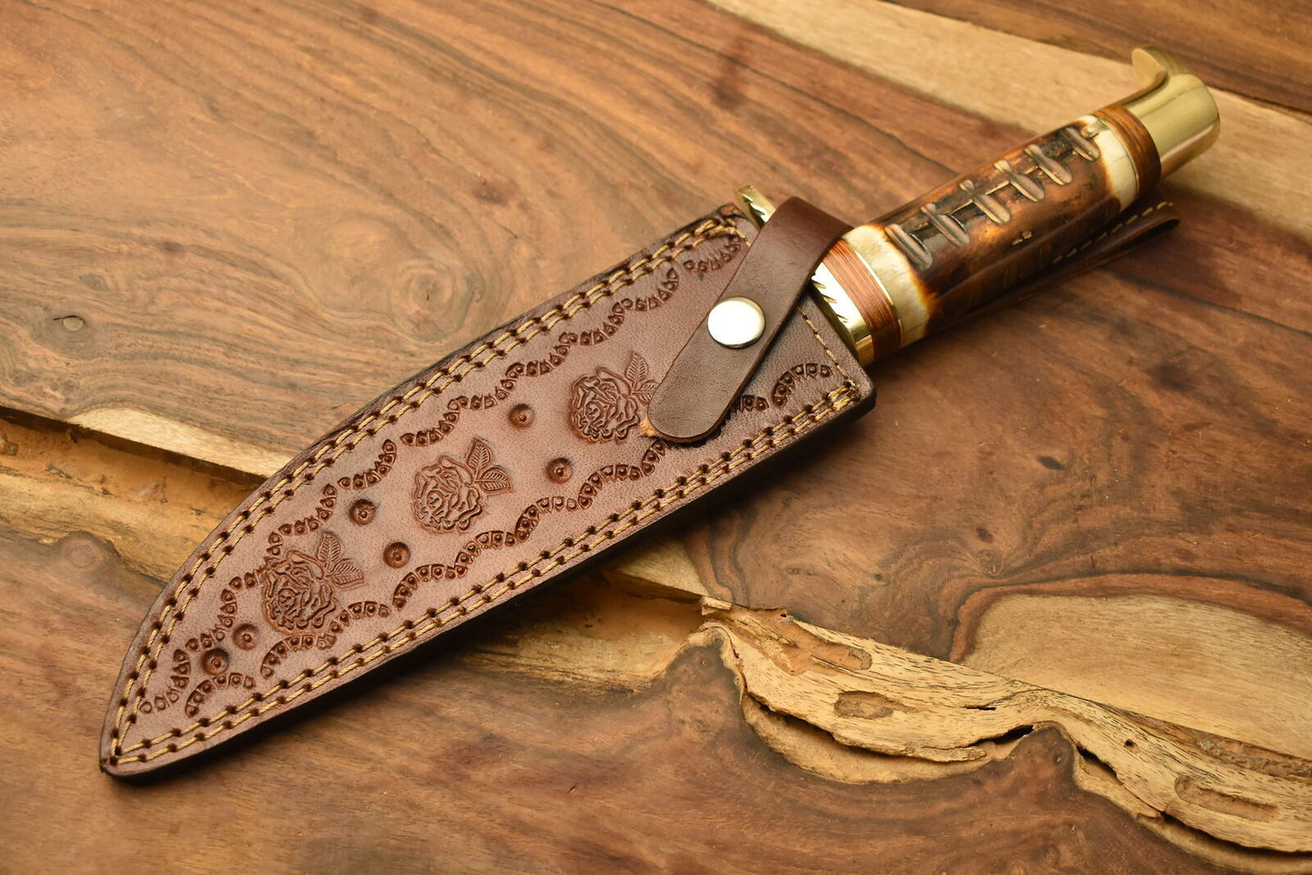 12 Inch Damascus Steel Bowie Knife Camel Bone Handle Brass Guard Sheath
