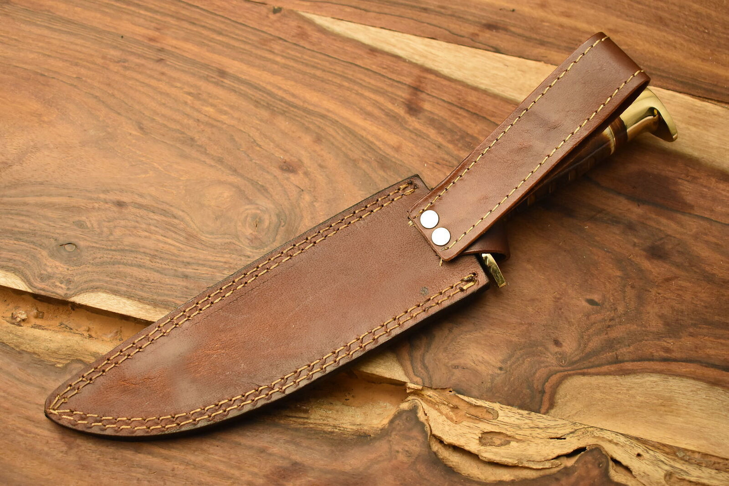 12 Inch Damascus Steel Bowie Knife Camel Bone Handle Brass Guard Sheath