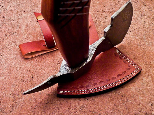 Custom Handmade Damascus Steel Integral Axe 22-Inch with Natural Wood Handle and Leather Sheath