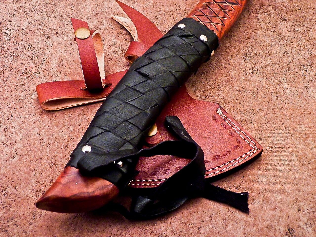 Custom Handmade Damascus Steel Integral Axe 22-Inch with Natural Wood Handle and Leather Sheath