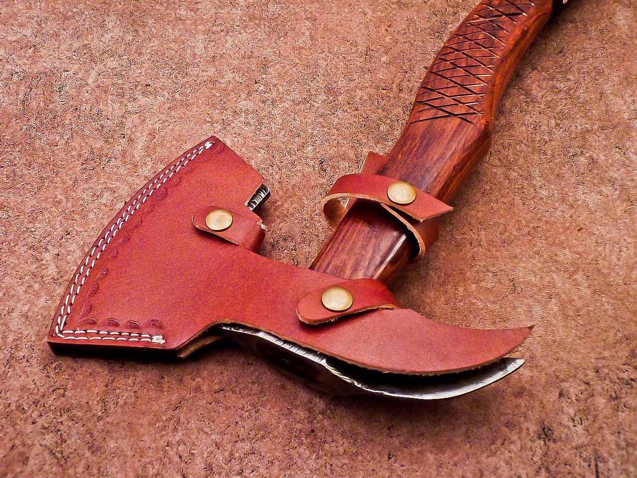 Custom Handmade Damascus Steel Integral Axe 22-Inch with Natural Wood Handle and Leather Sheath
