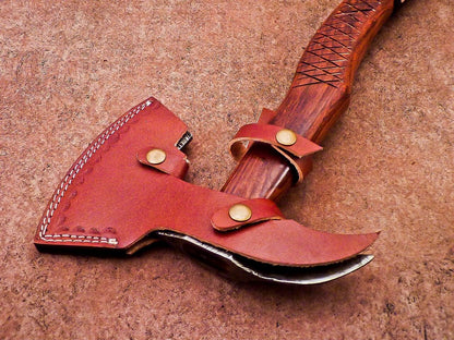 Custom Handmade Damascus Steel Integral Axe 22-Inch with Natural Wood Handle and Leather Sheath