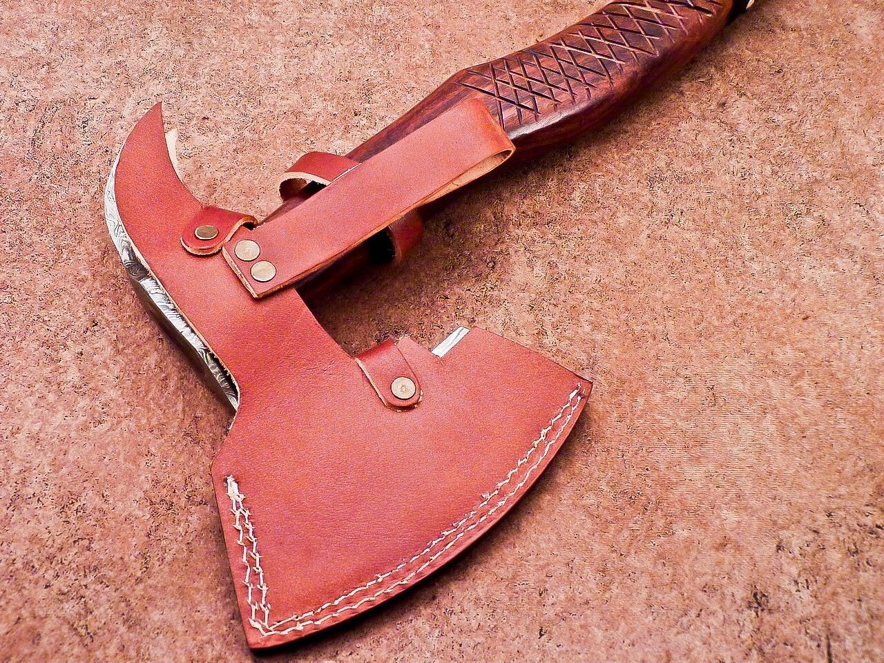 Custom Handmade Damascus Steel Integral Axe 22-Inch with Natural Wood Handle and Leather Sheath