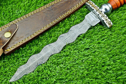 Damascus Steel Bowie Knife Kris Dagger Hunting Knife With Sheath
