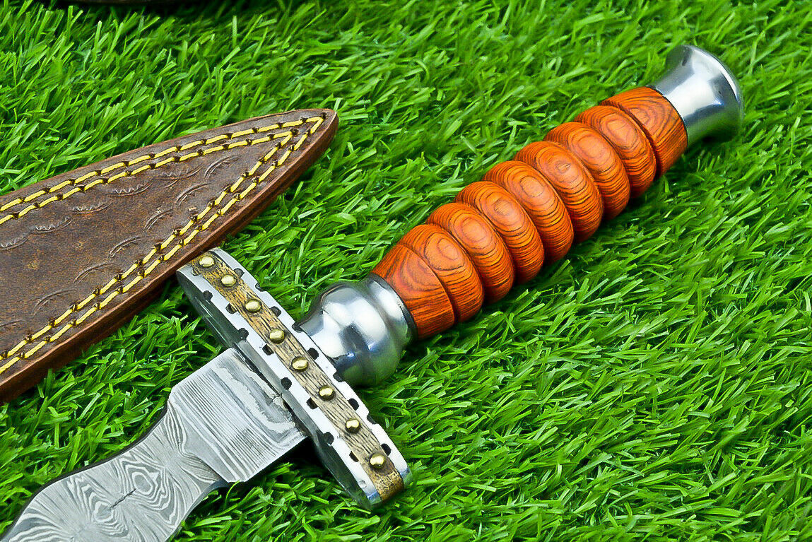 Damascus Steel Bowie Knife Kris Dagger Hunting Knife With Sheath