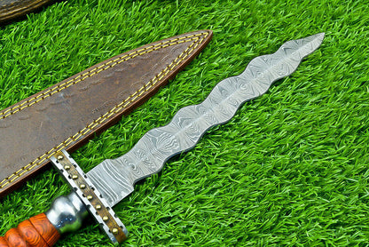 Damascus Steel Bowie Knife Kris Dagger Hunting Knife With Sheath