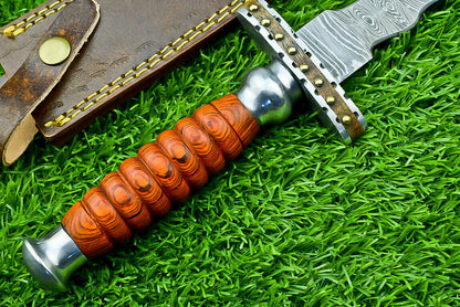 Damascus Steel Bowie Knife Kris Dagger Hunting Knife With Sheath