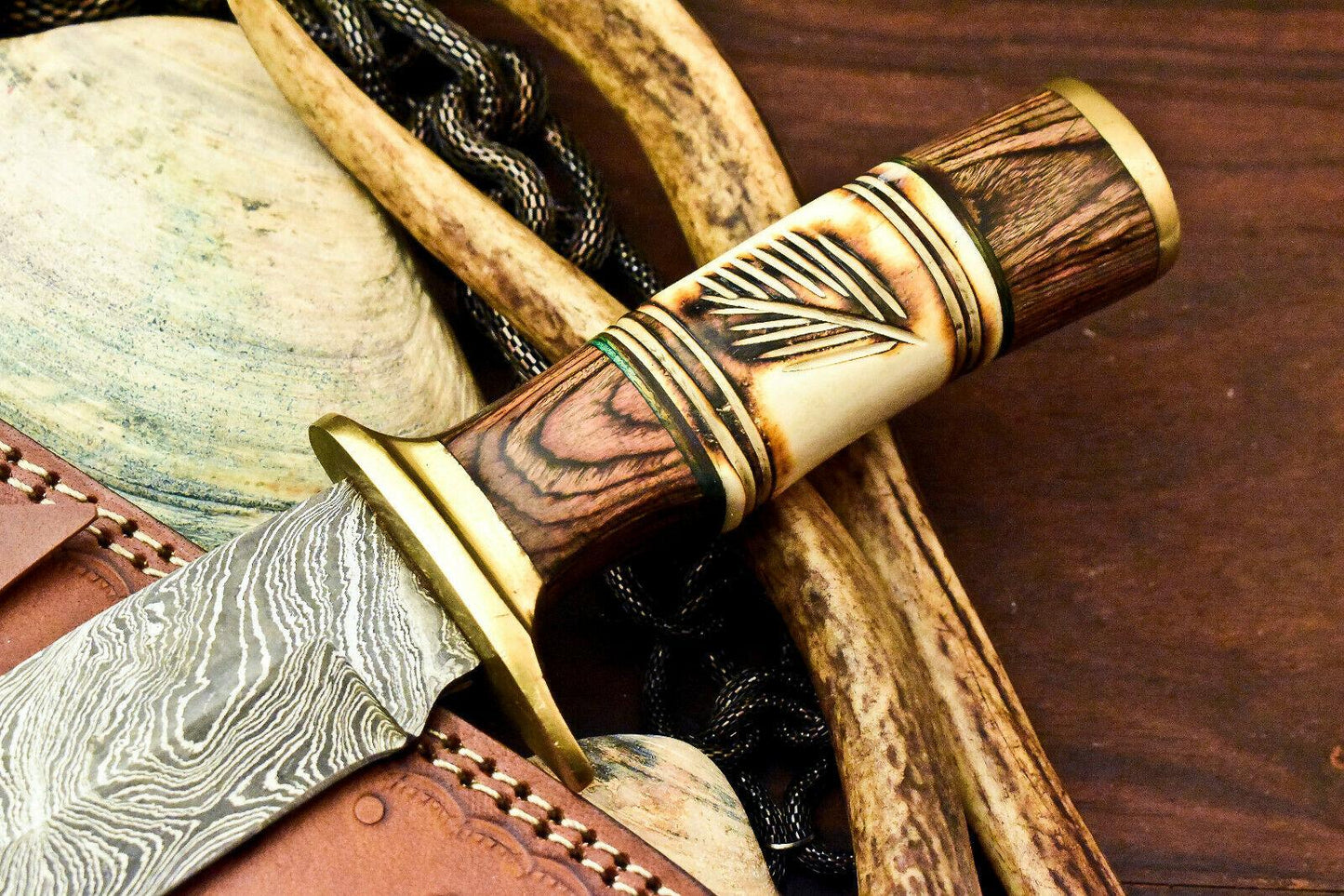 12" Handmade Damascus Steel Bowie Knife – Polished Camel Bone Handle