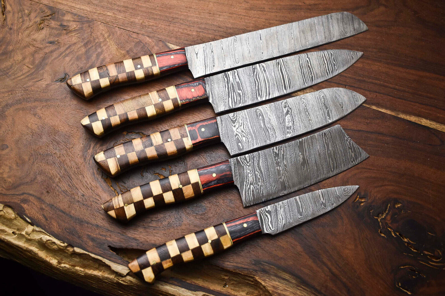 Exclusive Set of 5 Handmade Damascus Steel Hammered Chef Knives