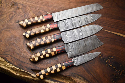 Exclusive Set of 5 Handmade Damascus Steel Hammered Chef Knives