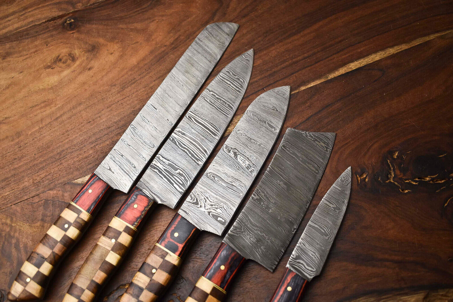 Exclusive Set of 5 Handmade Damascus Steel Hammered Chef Knives