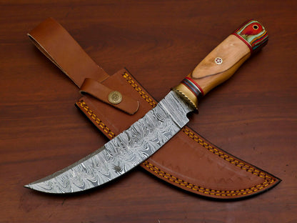12 Inch Damascus Steel Bowie Knife with Olive and Pakka Wood Handle