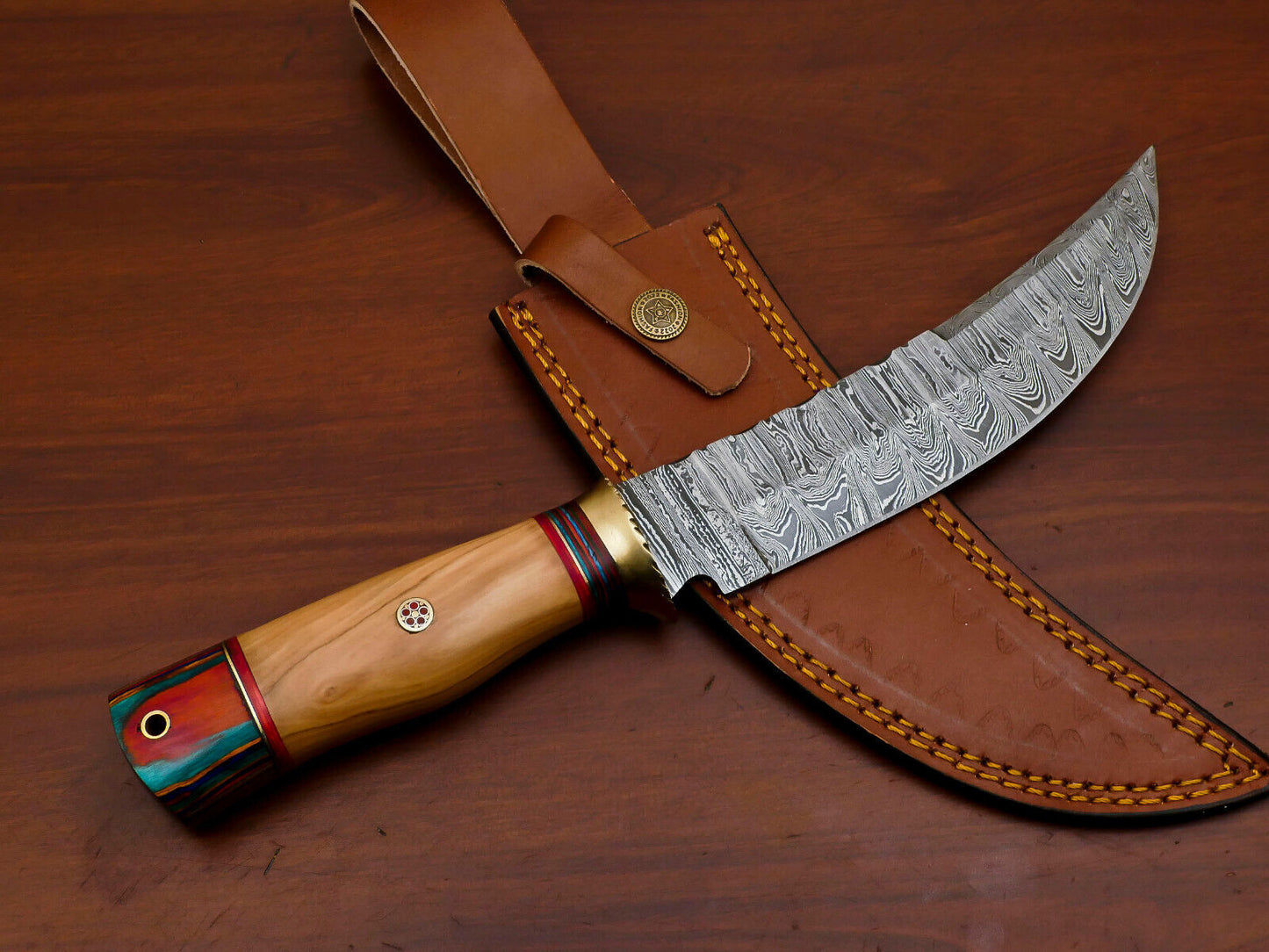 12 Inch Damascus Steel Bowie Knife with Olive and Pakka Wood Handle
