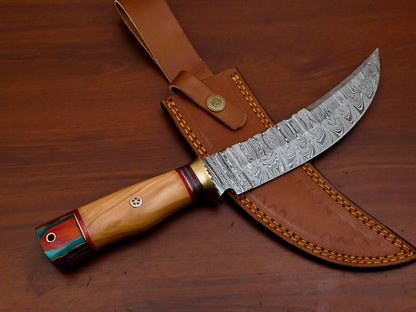 12 Inch Damascus Steel Bowie Knife with Olive and Pakka Wood Handle