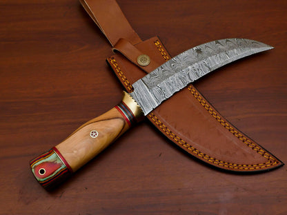 12 Inch Damascus Steel Bowie Knife with Olive and Pakka Wood Handle