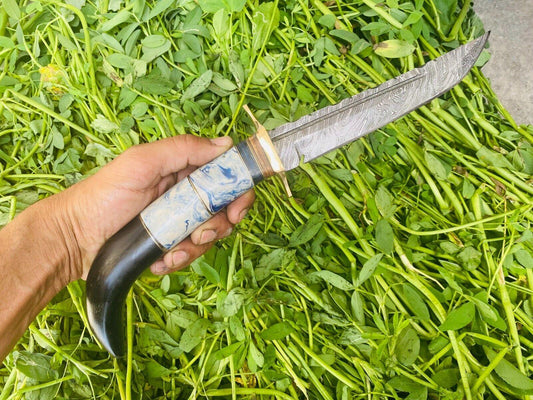 12" Damascus Hunting Bowie Knife – Resin & Horn Handle