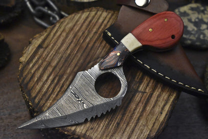 Hand Forged Twist Damascus Skinner Knife with Bone and Wood Handle – Compact EDC Hunting Tool
