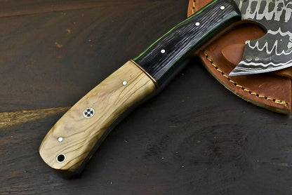 Hand Forged Damascus Olive Wood Butcher Hunting Clever Chopper Axe Knife – 12 Inch