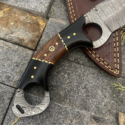 8" Hand-Forged Damascus Steel Bowie – EDC Hunting Knife with Wood Handle & Leather Sheath