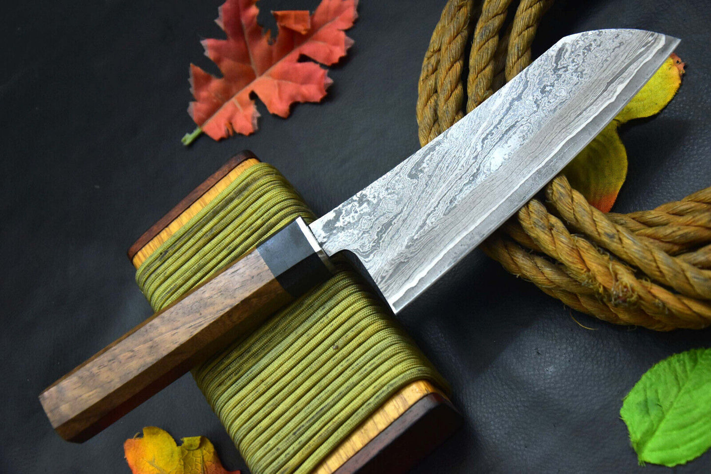 San Mai Damascus Steel Fixed Blade Chef Knife Handmade with Walnut & Horn Handle