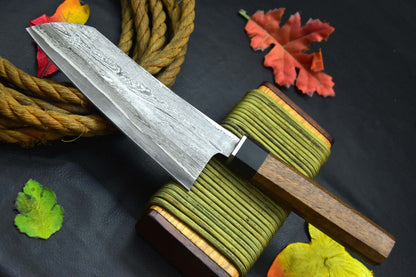 San Mai Damascus Steel Fixed Blade Chef Knife Handmade with Walnut & Horn Handle