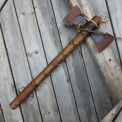 Odin’s Double Head Viking Axe – Hand-Forged Carbon Steel Twin-Blade with Ash Wood Handle