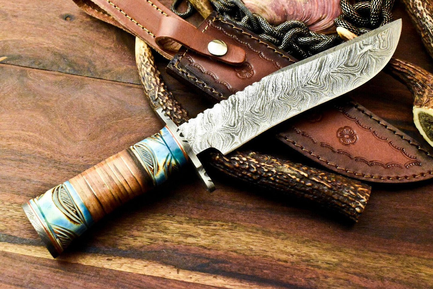 Falcon 11.5 Inch Damascus Bowie Hunting Knife | Camel Bone Handle