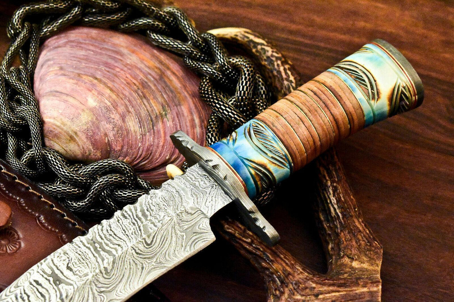 Falcon 11.5 Inch Damascus Bowie Hunting Knife | Camel Bone Handle