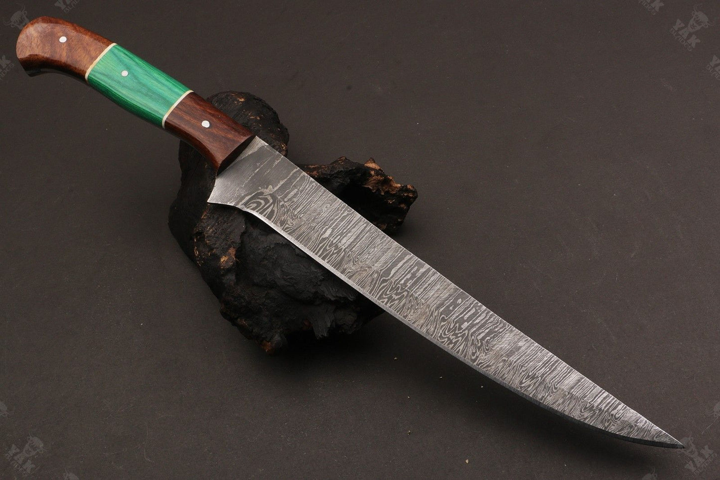 13.5" Custom Handmade Damascus Fillet Knife Fire Damascus Steel Fillet Knife with Leather Sheath