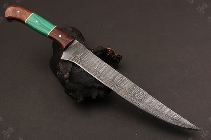 13.5" Custom Handmade Damascus Fillet Knife Fire Damascus Steel Fillet Knife with Leather Sheath
