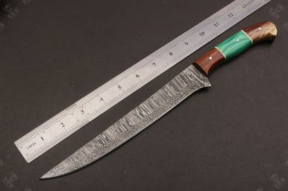 13.5" Custom Handmade Damascus Fillet Knife Fire Damascus Steel Fillet Knife with Leather Sheath