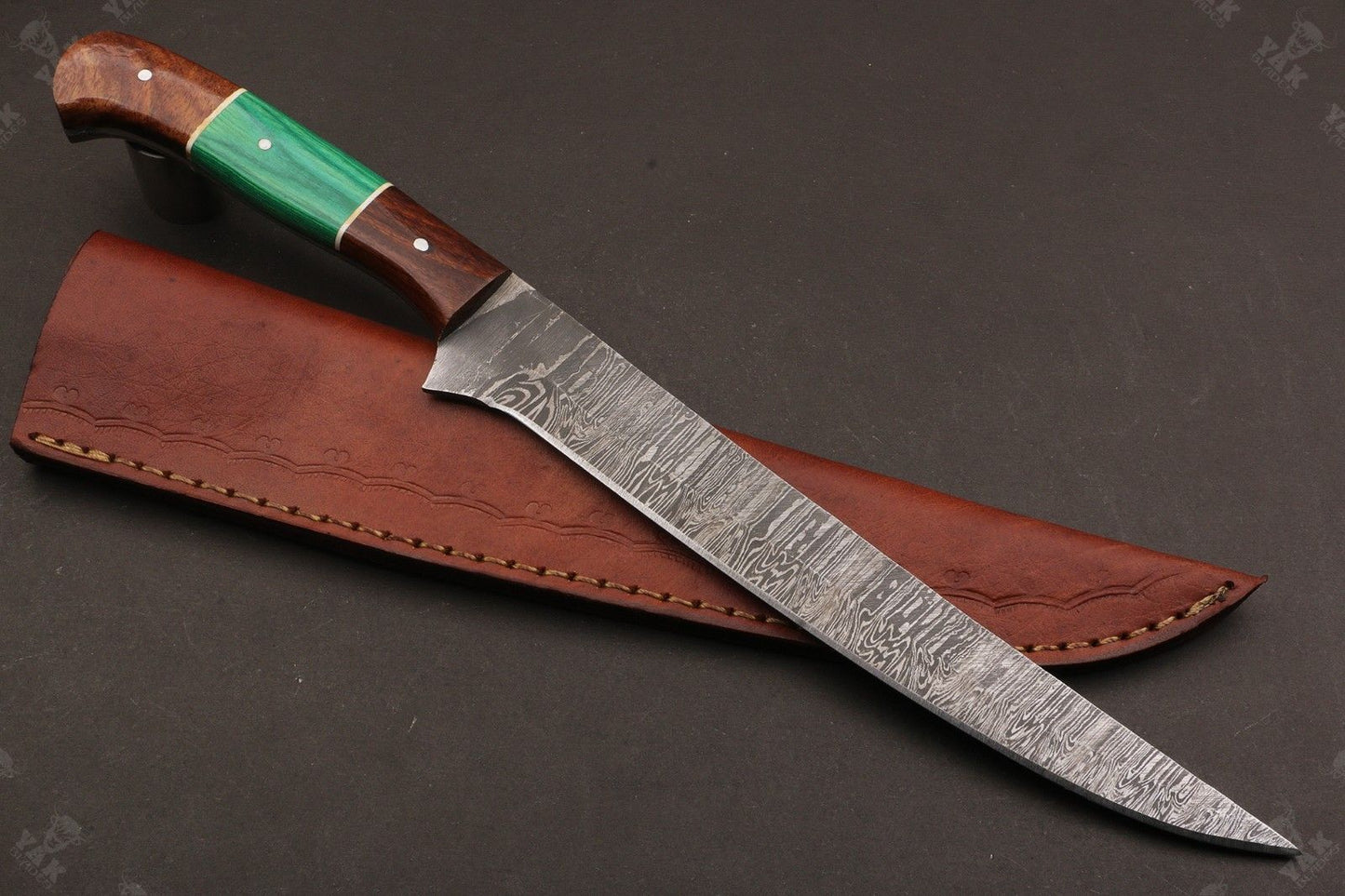 13.5" Custom Handmade Damascus Fillet Knife Fire Damascus Steel Fillet Knife with Leather Sheath