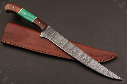 13.5" Custom Handmade Damascus Fillet Knife Fire Damascus Steel Fillet Knife with Leather Sheath