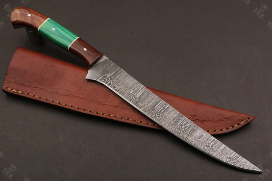 13.5" Custom Handmade Damascus Fillet Knife Fire Damascus Steel Fillet Knife with Leather Sheath