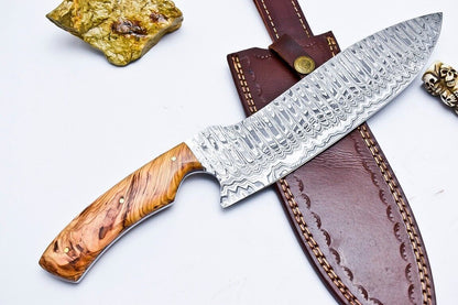 Handmade Damascus Steel Chef Knife with Olive Wood Handle and Leather Sheath – 352 Layers